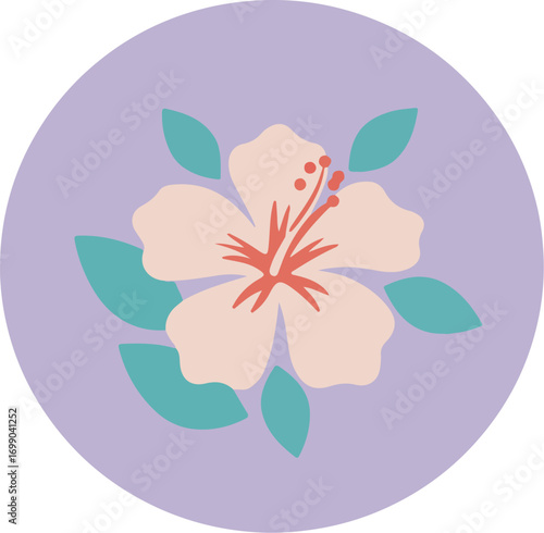 Detailed botanical illustration of a single hibiscus flower in full bloom with white petals, red center, and green leaves on a purple gradient background