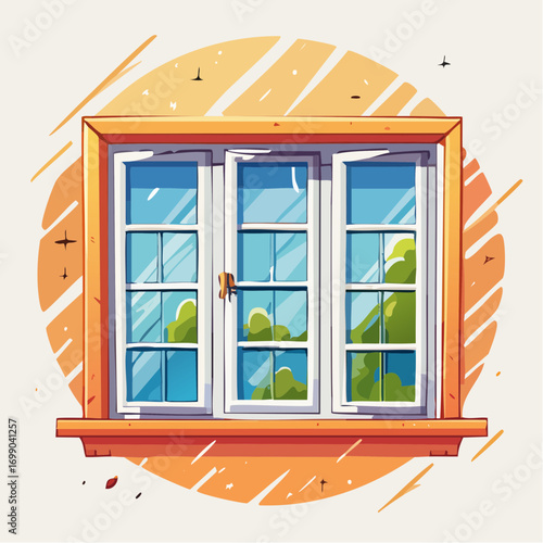 White Window Frame With Green Bushes Reflected in the Glass with Orange Circular Background