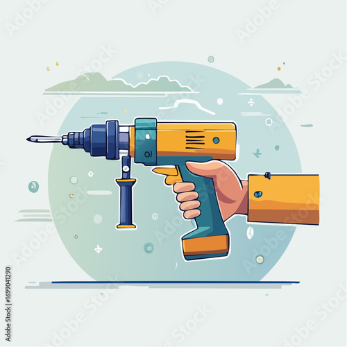 Hand Holding Yellow And Teal Electric Drill On Light Green Background