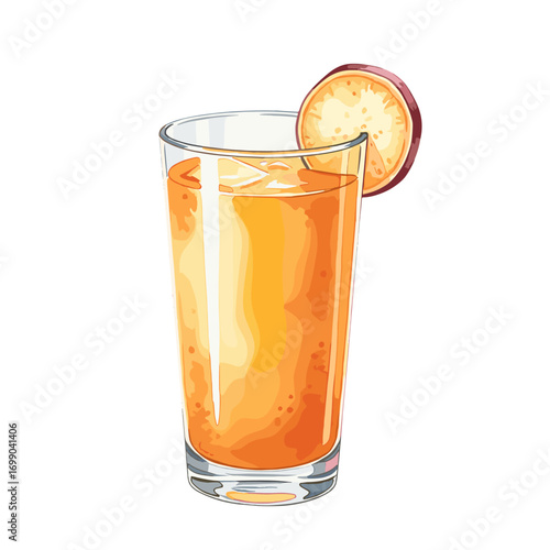 Refreshing orange juice or cocktail in a tall glass with ice and a citrus fruit slice garnish, a vibrant summer beverage illustration.