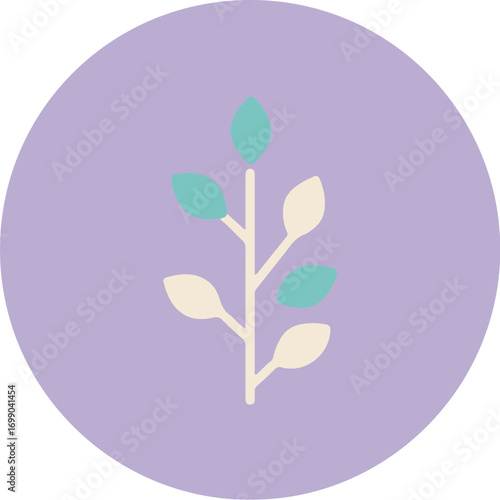 Minimalist botanical illustration of a plant with white stem and light blue leaves on pastel purple background