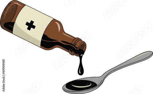 Brown glass medicine bottle pouring dark liquid onto a metal spoon with a white background