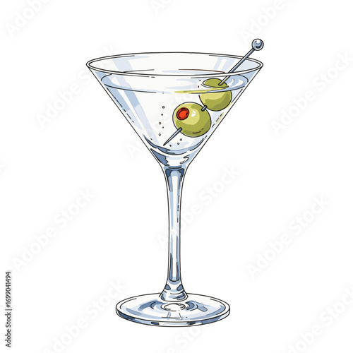 Classic Martini Cocktail with Green Olives in a Clear Glass, Hand-Drawn Vector Illustration on White Background for Bar Menus