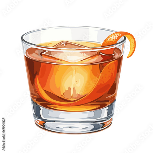 Classic Whiskey Cocktail with Ice and Orange Twist in Glass