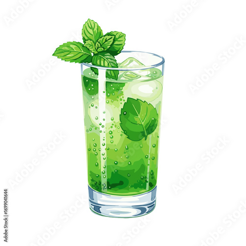 Refreshing Green Mint Drink with Ice Cubes in a Tall Glass, Perfect for Summer Beverages and Cocktails, Illustrated Vector Graphic on White Background