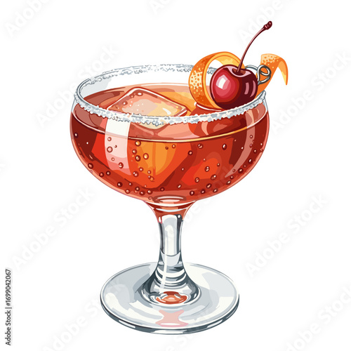 Illustration of a Refreshing Cherry Cocktail in a Classic Glass with Ice and Garnish