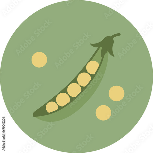 Botanical illustration of a single pea pod with seven yellow peas on a light green background