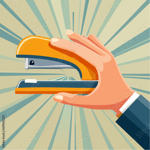 Hand Holding Orange Stapler on Radial Background