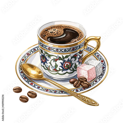 Elegant Coffee Cup with Saucer and Spoon Featuring Dark Brew and Sugar Cubes