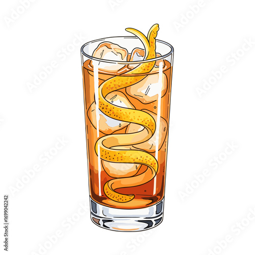Refreshing Orange Twist Beverage with Ice in a Clear Glass for Summer Refreshment and Enjoyment