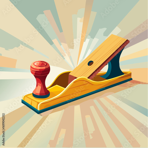 Wooden Hand Plane With Red Knob On Warm Burst Background