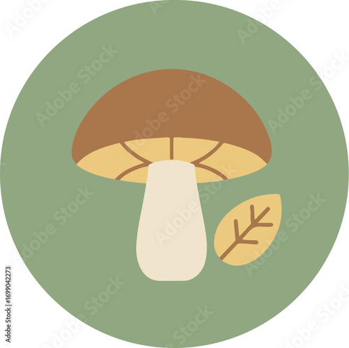 Stylized mushroom illustration with brown cap, white stem, and yellow leaf on green circular background
