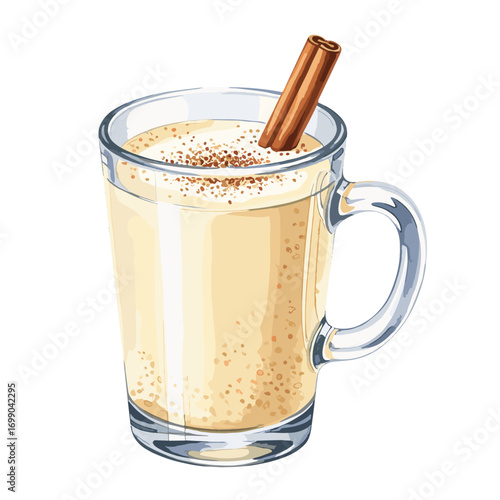 Delicious Creamy Non-Alcoholic Eggnog with Cinnamon Stick for Holiday Celebrations and Cold Weather Festivities