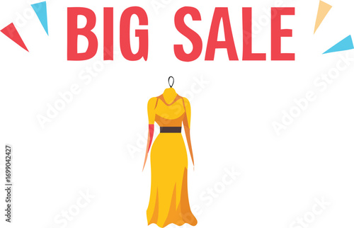 Eye Catching Big Sale Promotion with Elegant Dress Illustration for Fashion Boutique and Special Occasion Apparel