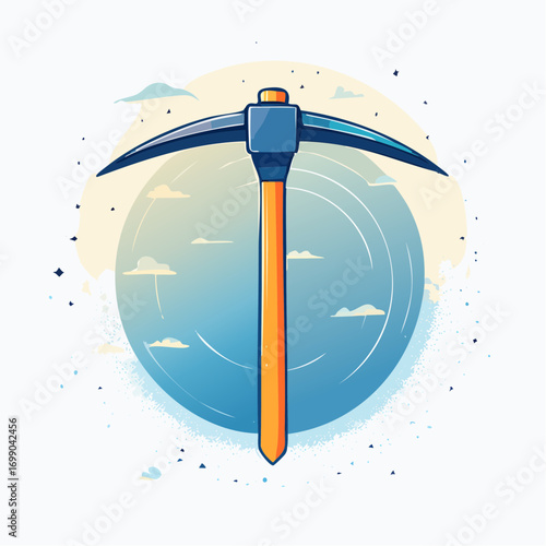 Blue and Orange Pickaxe Against a Celestial Blue and White Background