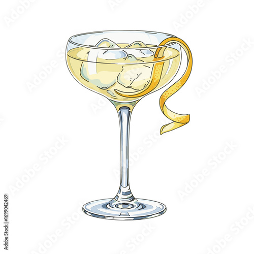 Refreshing cocktail in a coupe glass with ice and a lemon peel garnish, a classic alcoholic beverage illustration perfect for menus and bar themes.