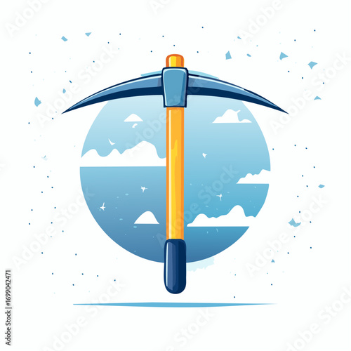 Pixel Art Pickaxe with Blue Sky and Clouds Background