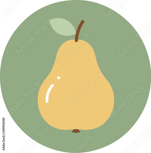 Single soft yellow pear with stem and leaf on green background