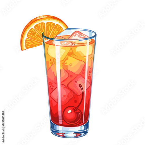 Colorful Summer Drink in Tall Glass with Ice, Cherry, and Orange Slice Garnish