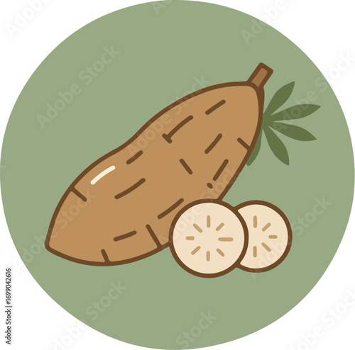 Botanical illustration of a cassava root with cross-sectioned slices and a green leaf