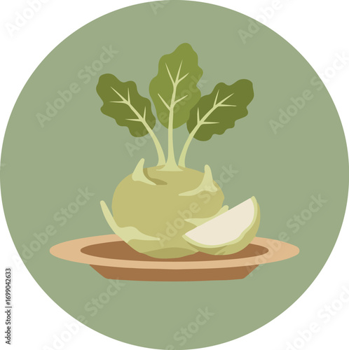 Illustration of a kohlrabi vegetable with sliced section and leafy green tops on a brown circular surface