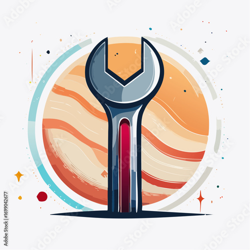 Silver Wrench Against Backdrop Of Planet With Red And Orange Stripes And Sparkling Particles
