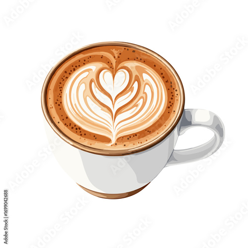 Delicious hot latte coffee with beautiful heart-shaped foam art in a white ceramic mug, perfect for a cozy morning or a cafe setting