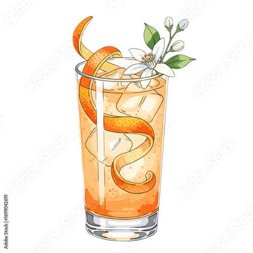 Refreshing Orange Citrus Cocktail with Ice and Floral Garnish in Clear Glass