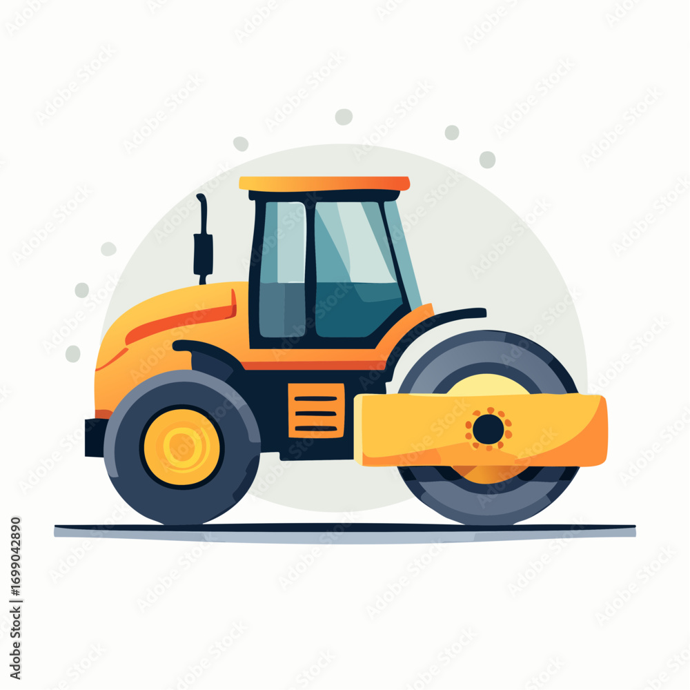 Fototapeta premium Yellow Road Roller Vehicle With Large Wheels On Gray Background