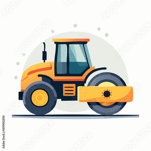 Yellow Road Roller Vehicle With Large Wheels On Gray Background