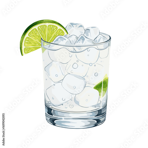 Refreshing glass of iced drink with a fresh lime wedge, perfect for summer beverages and cocktails on a white background
