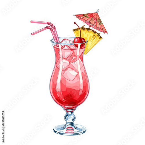 Refreshing Tropical Cocktail with Cherry and Pineapple Garnish in Elegant Glass