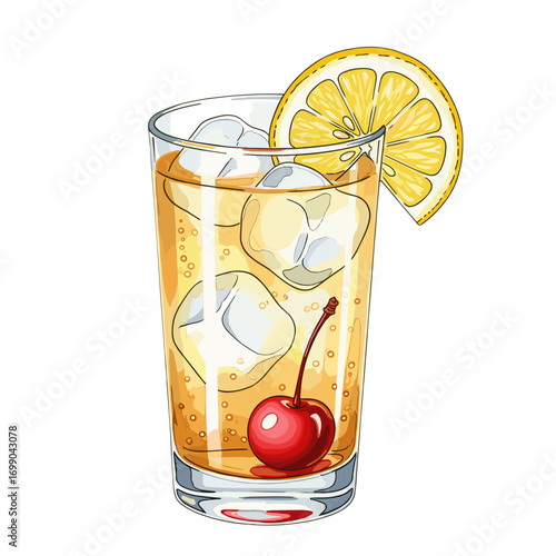 Refreshing Sweet Iced Tea Beverage with Lemon Slice and Cherry Garnish in Transparent Glass