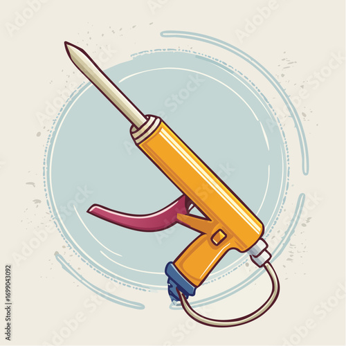 Yellow And Pink Caulking Gun With Metal Tip On  Light Grey Background