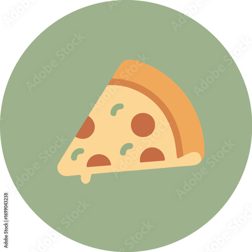 Close-up of a single slice of pizza with pepperoni and melted cheese on a green background