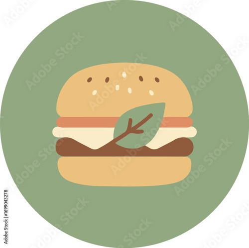 Close-up illustration of a hamburger with sesame bun, lettuce, and patty on a light green background