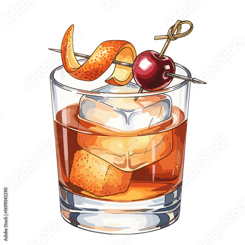Classic Whiskey Cocktail Illustration with Cherry and Citrus Twist Garnish