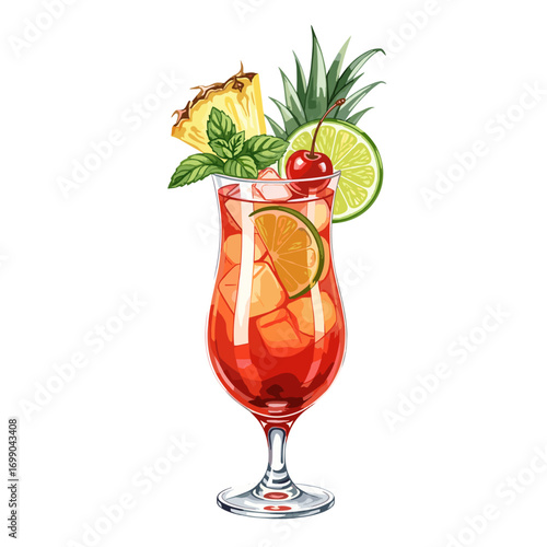 Colorful Tropical Cocktail with Pineapple Cherry Lime Mint Garnish in Glass