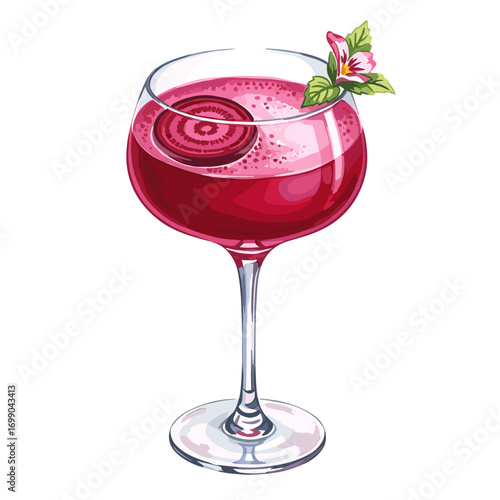Vibrant Red Cocktail with Beet Slice and Floral Garnish in an Elegant Stemmed Glass, Refreshing Drink Illustration on White Background