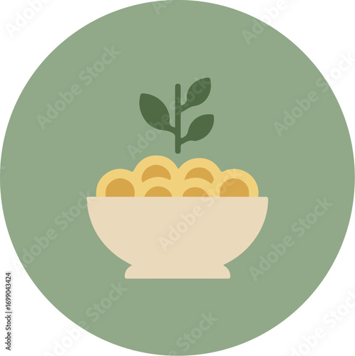 Minimalist still life illustration of a white bowl with yellow fruits and a green plant on a pastel green background