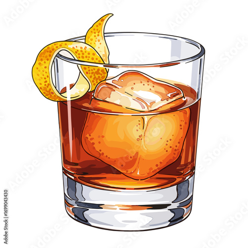 Classic cocktail with ice and orange peel garnish in a rocks glass, an illustrated alcoholic beverage perfect for bars and parties