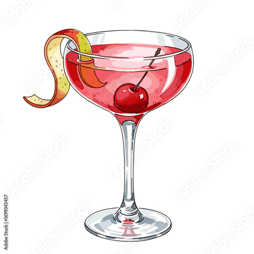 Illustrated red cocktail in a coupe glass with a vibrant cherry and a decorative citrus peel garnish, a refreshing alcoholic beverage drawing.