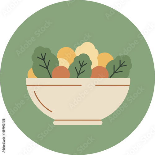 White bowl with brown handle overflowing with fresh fruits and vegetables on green background