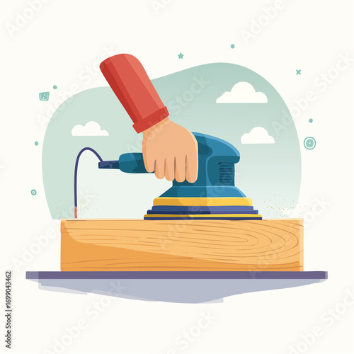 Hand Sanding Wooden Plank With Orbital Sander
