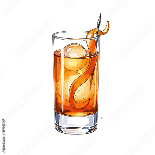 Watercolor illustration of a classic amber cocktail with ice and an elegant orange peel garnish in a tall glass, perfect for beverage and bar themes.