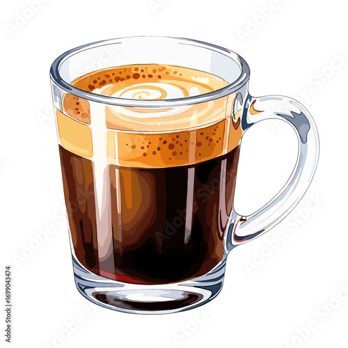 Delicious Espresso Coffee in Clear Glass Mug with Creamy Swirl on Top for Coffee Lovers