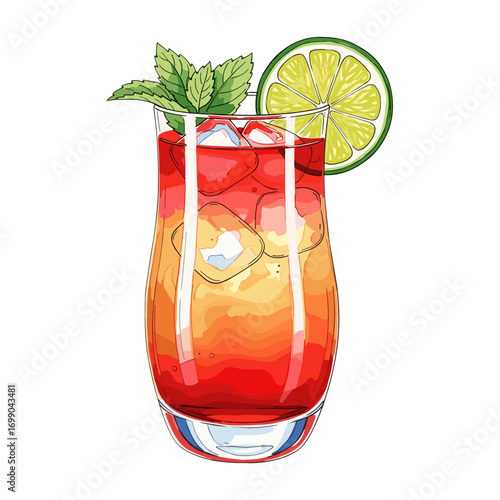 Refreshing tropical cocktail illustration with ice, lime, and mint in a tall glass, perfect for summer drinks and party themes on a white background