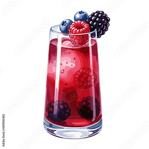 Delicious Berry Smoothie in Clear Glass with Fresh Raspberries and Blackberries on Top