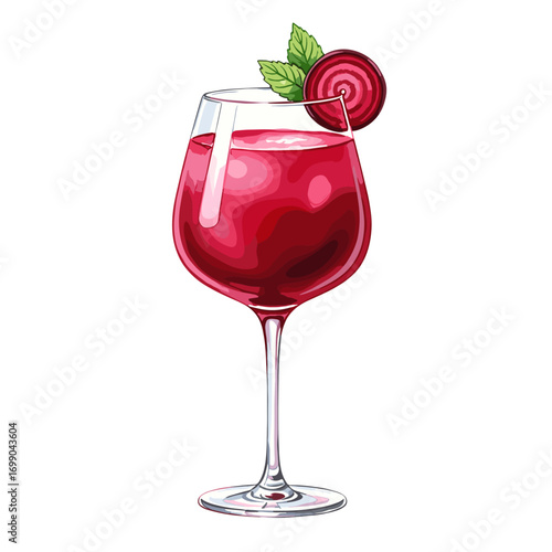 Vibrant red refreshing drink in an elegant stemmed glass, garnished with a fresh beetroot slice and green mint leaves, perfect for healthy beverages or cocktails.