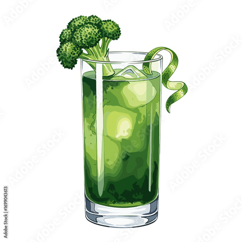 Refreshing Green Vegetable Juice with Broccoli Garnish and Ice in a Tall Glass, Healthy Detox Drink Illustration